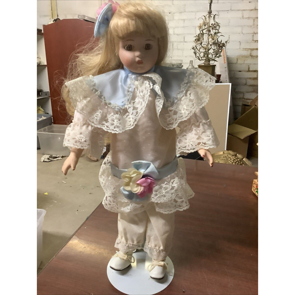 Heritage Mint Collection Porcelain Doll 16" White frills dress with blonde hair